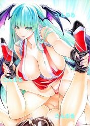 2girls arm_guards bare_hips bat_wings big_breasts blue_hair breasts brown_hair capcom catfight cleavage closed_mouth cosplay crossover darkstalkers demon_girl fatal_fury female female_focus female_only folded_fan folding_fan green_eyes green_hair hand_fan head_wings holding holding_fan holding_legs huge_breasts king_of_fighters large_breasts long_hair looking_at_viewer low_wings mai_shiranui mai_shiranui_(cosplay) marker_(medium) matching_hair/eyes morrigan_aensland multiple_girls ninja pelvic_curtain piledriver_(wrestling) revealing_clothes rope sideboob smile snk spread_legs submission_hold thong traditional_media wings wrestling yqgkg yuri