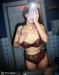 1girls 3d bandeau big_breasts big_hips black_bandeau blender bra breasts brown_hair capcom choker ephelum3d female female_only jill_valentine jill_valentine_(sasha_zotova) light-skinned_female light_skin mirror panties pussy resident_evil resident_evil_3 resident_evil_3_remake selfie selfie_pose sexy short_hair smile smiling solo solo_female wet wet_body wet_skin younger_female