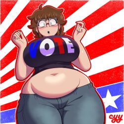 1girls american_flag bbw big_breasts breasts brown_hair cyyfapse cyynapse ellie_(paladin) fat_breasts fat_tits glasses hourglass_figure huge_breasts jeans large_breasts midriff nerd politics square_glasses tummy_squish