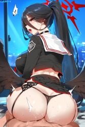 1boy 1girls ai_generated big_breasts black_feathers black_hair black_wings blue_archive breasts enormous_breasts feathered_wings female female_focus halo hasumi_(blue_archive) huge_breasts justice_task_force_(blue_archive) large_breasts looking_at_viewer nipples partially_clothed partially_clothed_female ponytail red_eyes red_halo sex trinity_general_school_logo_(blue_archive) trinity_general_school_student