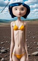 1girls 1woman ai_generated bikini blue_hair bob_hair brown_eyes cloudy_sky coraline coraline_jones elsacorinthiana exibitionism female female_nude female_nudity female_only field hentai high_quality high_resolution looking_at_viewer nsfw patreon patreon_link posing posing_for_the_viewer pussy realistic red_bikini_top semi-naked semi-nude semi_naked semi_nude short_hair short_hair_female skinny skinny_female solo standing standing_position thin thin_body thin_breasts thong_bikini uhd white_skin yellow_bikini yellow_bikini_bottom