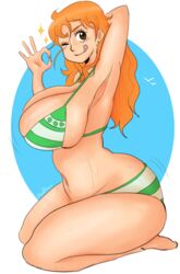 arm_behind_head armpits bikini blush cleavage female female_only huge_ass huge_breasts igdel long_hair nami ok_sign one_piece orange_hair pinup shounen_jump solo striped_bikini wide_hips wink