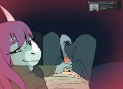 1boy 1boy1girl 1girl1boy 1girls 2024 4chan 5_fingers abstract_background anon_(snoot_game) anthro aquilops cavemanon_studios ceratopsian digital_drawing_(artwork) digital_media_(artwork) dinosaur duo erection female female_on_human first_person_view goodbye_volcano_high grey_body grey_scales handjob holding_penis human human_on_anthro human_pov jeans light-skinned_male light_skin long_hair looking_at_viewer male male/female male_on_anthro male_pov mammal nose_horn ornithischian penis penis_poking_out poking_out pov purple_hair reeve_(gvh) reptile scalie shido-tara smile snoot_game snout stoned teal_eyes