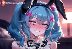 1girls ai_generated akyoi animal_ears bedroom blue_eyes blue_hair blush bunny_ears female hatsune_miku heart-shaped_pupils light-skinned_female light_skin long_hair looking_at_viewer pantyhose patreon rabbit_hole_(vocaloid) ribbon smile solo solo_female twintails vocaloid