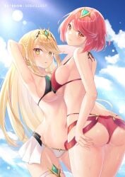 2girls ass bikini blonde_hair breast_press breasts clouds core_crystal earrings large_breasts long_hair looking_at_viewer midriff mythra navel nintendo outside pyra red_bikini red_eyes red_hair red_swimsuit sebu_illust short_hair sky swimsuit tiara white_bikini white_swimsuit xenoblade_(series) xenoblade_chronicles_2 yellow_eyes