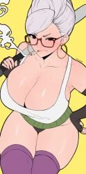 1girls armpit armwear ayase_seiko baseball_bat bat bat_(object) big_breasts blush busty cigarette cigarette_in_mouth cleavage clothed curvaceous curves curvy curvy_body curvy_female dandadan earrings edmun female female_only gilf glasses grandmother huge_breasts large_breasts massive_breasts milf old_woman older_female red_eyes revealing_clothes shounen_jump sweat sweating sweaty tagme thick thick_thighs thigh_highs thighhighs thighs white_hair