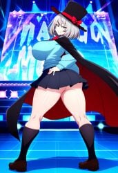 ai_generated big_breasts blue_cardigan blue_eyes bowtie cape cute female schoolgirl silver_hair skin_fang tejina_senpai tejina_senpai_(character) tejina_senpai_(series) top_hat top_heavy top_heavy_breasts