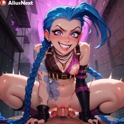 1girls ai_generated aliusnext black_nails blue_hair braid braided_ponytail cowgirl cowgirl_position crazy crazy_eyes imminent_sex jinx_(league_of_legends) league_of_legends on_top patreon purple_eyes pussy reverse_rape vagina vaginal_penetration vaginal_sex