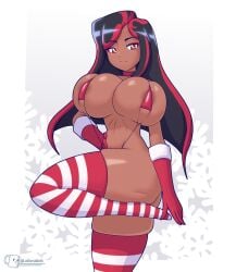 1girls big_breasts big_thighs bikini black_hair breasts busty dark-skinned_female dark_skin digital digital_art female female_only gloves huge_thighs human human_only large_thighs luckerabbit6 lunarlux mrlucke navel sling_bikini striped_thighhighs thick_thighs thighs voluptuous zara_(lunarlux)