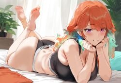 1girls ai_generated ass blacked breasts butt_crack cleavage female himeno hololive hololive_english hololive_myth large_breasts laying_down laying_on_bed laying_on_stomach long_hair looking_at_viewer orange_hair pawg purple_eyes smile solo takanashi_kiara virtual_youtuber vtuber white_female