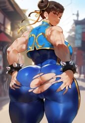 ai_generated anus ass bare_shoulders blue_bodysuit blush bodysuit breasts brown_eyes brown_hair chun-li covered_pussy double_bun female from_side hair_bun hair_ribbon huge_ass huge_breasts jewelry large_breasts lips looking_back meiogun outdoors pussy pussy_peek seductive_smile short_hair skindentation smile solo sports_bra sportswear street_fighter street_fighter_6 sweat teeth thick_legs thick_thighs tight_pants torn_clothes web_address wide_hips yoga_pants