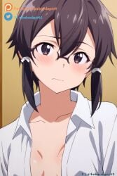 ai_generated asada_shino embarrassed glasses naked_shirt small_breasts sword_art_online uncensored