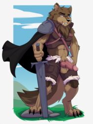 anthro armor balls barazoku canid canine canis clothed clothing coffeecat4321 digital_media_(artwork) erection fur genitals gradient_background hair knot male mammal melee_weapon muscular muscular_anthro muscular_male penis simple_background smile solo sword warrior weapon wolf wulver