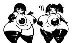 2girls areolae bangs bbw belly big_breasts deadsector duo edit fixed huge_ass huge_breasts long_hair monochrome monoe monoko nude siblings smug thick_thighs thighhighs transparent_background wide_hips