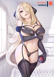 big_breasts blonde_hair cynthia_(pokemon) elbow_gloves gloves long_gloves long_hair mystra77 nintendo pokeball pokemon pokemon_dppt solo thighhighs