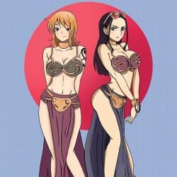 2female 2females 2girls bare_arms bare_legs bare_midriff bare_shoulders bare_thighs belly_button big_breasts bikini bikini_top black_hair black_tattoo blue_background blue_loincloth blush bra brown_bikini brown_bikini_top brown_bra brown_eyes celestial_dragon chained chained_cuffs chained_up chained_wrists chains cleavage collar crossover crossover_cosplay cuffs earrings female female_only ginger ginger_hair girls_only gold_(metal) gold_chain gold_chains gold_collar gold_earrings gold_jewelry golden_chain golden_chains golden_collar golden_earrings gray_eyes handcuffed handcuffs light-skinned_female light_skin loincloth long_hair metal_collar midriff nami nami_(one_piece) navel nico_robin one_piece only_female only_girl overboob red_loincloth sideass slave slave_bikini slave_collar slave_leia slave_leia_(cosplay) slave_outfit slavegirl star_wars sunglasses sunglasses_on_head tattoo tattoo_on_arm tattooed_arm the_human_shop thick_thighs