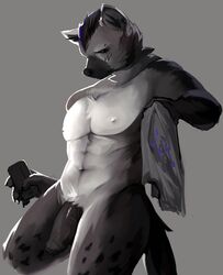 abs anthro facial_piercing fur hyaenid male slight_blush solo spot_(arknights) spotted_hyena