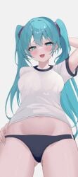 2d 2d_(artwork) ass_visible_through_thighs blue_eyes blue_hair blush blushing_at_viewer breasts gym_clothes gym_uniform hatsune_miku kawasuru navel panties solo solo_female solo_focus thick_thighs thighs viewed_from_below vocaloid