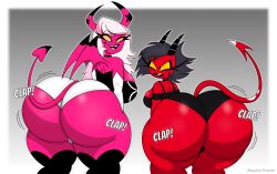 2024 2d 2d_(artwork) 2d_artwork 2demons 2girls angry angry_expression angry_face ass ass_bigger_than_head ass_focus ass_jiggle ass_shake backboob big_breasts black_hair black_overalls breasts bubble_ass bubble_butt clap clapping_ass clapping_butt clapping_buttocks clapping_cheeks cleavage clothed demon demon_girl demons digital_drawing_(artwork) digital_media_(artwork) fat_ass fat_butt female female/female female_focus female_only focus_on_ass gray_background heart_shaped_tail helluva_boss high_resolution highres horns huge_ass huge_butt huge_hips huge_thighs imp jiggling_ass jiggling_butt looking_at_another millie_(helluva_boss) no_bra overalls pink_body pink_wings rear_focus rear_view red_body red_tail revealing_clothes saputodraws shaking shaking_ass shaking_butt sideass simple_background smug succubus teasing text thick_ass thick_butt thick_hips thick_thighs tight_butt tight_clothing twerk twerking twerking_at_viewer twerking_position twerkoff underass verosika_mayday_(helluva_boss) vivienne_medrano vivziepop wide_ass wide_butt wide_hips wide_thighs wings yellow_eyes