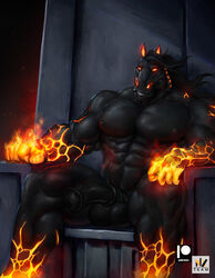 2021 abs animal_genitalia animal_penis anthro balls black_body black_penis chair darksiders equid equine equine_penis fire furniture genitals hi_res horse male mammal medial_ring muscular muscular_anthro muscular_male nexus orange_eyes penis ruin_(character) sitting solo throne