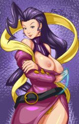 areolae bare_legs bare_shoulders belt big_breasts breasts breasts_out busty cameltoe capcom dress female female_focus female_only hourglass_figure long_hair nipples panties pinup pinup_pose pose posing purple_eyes purple_hair revtilian rose_(street_fighter) scarf solo street_fighter wide_hips