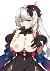 1girls black_gloves blush breasts breasts_out cleavage fate/grand_order fate_(series) female female_focus female_only finger_to_mouth gloves grey_hair highres large_breasts looking_at_viewer marie_antoinette_(alter)_(fate) marie_antoinette_(alter)_(third_ascension)_(fate) marie_antoinette_(fate) morisobo neutral_expression nipples simple_background solo white_background yellow_eyes