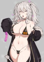 1girls big_breasts bikini condom condom_wrapper female grey_hair hololive ikidumi looking_at_viewer micro_bikini naughty_face shishiro_botan solo virtual_youtuber white_hair