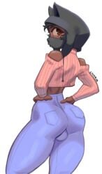 1boy 2021 ass ass_focus balls bare_shoulders black_hair blue_jeans brown_eyes covered_mouth crossdressing dark-skinned_femboy dark-skinned_male dark_skin docfriend facemask femboy girly hands_on_own_waist hands_on_waist jeans looking_at_viewer looking_back lycoris_(artist) male male_focus male_only midriff mouth_mask simple_background solo solo_focus solo_male standing trap white_background