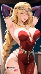 ai_generated arms_above_head blonde_hair boosterred99 bracalets braid cosplay cracked_skin elbow_gloves elden_ring gloves halloween jessica_rabbit jewelry large_breasts lipstick long_hair narrow_waist pony_diffusion_xl purple_elbow_gloves purple_gloves queen_marika_the_eternal red_dress tiara very_long_hair wide_hips yellow_eyes