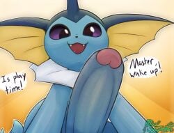 1boy big_dick big_penis caption cute cute_face dick fangs femboy femboydom happy looking_at_viewer male male_only miso_souperstar mouth_open on_top penis playful pokemon pokemon_(species) submissive_pov tagme taker_pov throbbing_penis vaporeon