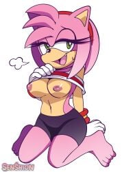 1girls amy_rose anthro anus big_breasts black_nose breasts clothing eyelashes female female_only footwear gloves green_eyes hair hairband handwear hedgehog mammal mario_and_sonic_at_the_olympic_games narrowed_eyes nipples open_mouth open_smile penis pink_hair pussy seductive sega senshion shoes short_hair shorts sitting smile sneakers solo sonic_(series) sonic_the_hedgehog_(series) sport sports_uniform sportswear tongue topwear