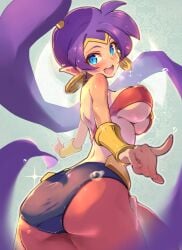 1girls ass breasts dancing dark-skinned_female earrings female female_only green_eyes life_is_pi pointy_ears purple_hair shantae shantae_(character) solo thighs