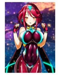 1girls big_breasts bodysuit breasts core_crystal earrings fenrirvancross fingerless_gloves gloves large_breasts latex latex_bodysuit looking_at_viewer multicolored_bodysuit nintendo pyra red_eyes red_hair short_hair tiara xenoblade_(series) xenoblade_chronicles_2