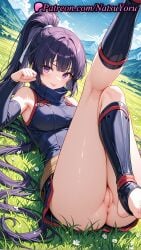 1girls 2025 ai_generated akatsuki_(log_horizon) anus armpit ass bangs bare_shoulders black_sleeves blush breasts detached_sleeves dress grass hi_res highres labia labia_majora legs legs_up log_horizon long_hair looking_at_viewer lying medium_breasts natsuyoru no_panties on_back outdoors patreon ponytail purple_eyes purple_hair pussy sleeveless solo thighs tongue tongue_out uncensored vagina very_long_hair voluptuous voluptuous_female