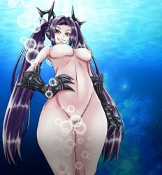 adventure_galley_(azur_lane) armpit_crease azur_lane bare_shoulders black_gauntlets breasts female female_pubic_hair from_below grin hand_on_own_hip highres light_blush long_hair medium_breasts navel nipples nude open_mouth pointy_ears pubic_hair purple_hair red_eyes sharp_teeth smile solo stomach teeth tk_(butakuma) twintails very_long_hair