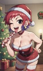 accurate_art_style ai_generated alraune ass bigmic145 breasts christmas christmas_hat christmas_outfit dress female female_only fur_trim implied_fellatio netflix ramona_flowers red_hair scott_pilgrim scott_pilgrim_takes_off sexually_suggestive stockings thighhighs