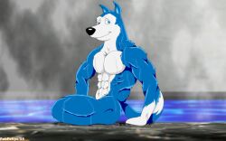 anthro blue_fur exile_(road_rovers) fabfelipe furry male muscular muscular_furry naked swimming_pool white_abs white_pecs winking_at_viewer