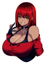 1girls big_breasts camui_kamui_(hz_666v) choker cleavage dark-skinned_female dark_skin female female_only gloves gyaru huge_breasts original red_hair seductive seductive_eyes seductive_look seductive_smile smug smug_face solo stitched stitches top_heavy voluptuous yellow_eyes