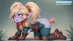 ahe_gao ai_generated all_fours blonde_hair clothed league_of_legends penetration poppy purple_eyes purple_skin royrathehot torn_clothes yordle