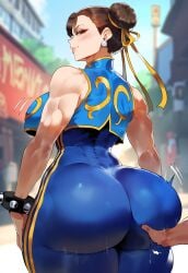 1boy 1boy1girl 1girls ai_generated ass bare_shoulders blue_bodysuit blush bodysuit breasts brown_eyes brown_hair chun-li covered_pussy double_bun female from_side hair_bun hair_ribbon huge_ass huge_breasts jewelry large_breasts lips looking_back meiogun outdoors pussy pussy_peek seductive_smile short_hair skindentation smile solo sports_bra sportswear street_fighter street_fighter_6 sweat teeth thick_legs thick_thighs tight_pants web_address wide_hips yoga_pants