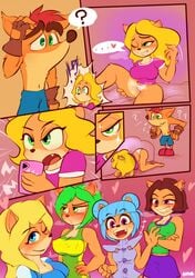 ? activision ami_bandicoot anthro aroused bandicoot blonde_hair blue_hair brown_hair clothing comic confusion crash_(series) crash_bandicoot ema_npr female furry furry_female furry_male green_eyes green_hair group hair heart hi_res isabella_bandicoot liz_bandicoot male mammal marsupial megumi_bandicoot nitro_squad panties tawna_bandicoot trophy_girls underwear video_games