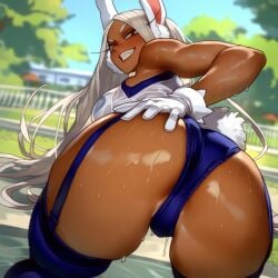 1girls ai_generated all_fours ass ass_focus big_breasts boku_no_hero_academia bottomless breasts bubble_butt dark-skinned_female dark_skin dat_ass hero hips huge_breasts large_breasts massive_breasts miruko mischievous_smile muscular_female my_hero_academia outdoors rabbit rabbit_ears rabbit_girl red_eyes rumi_usagiyama seductive_grin solo sweat thick_thighs thighs thong usagiyama_rumi white_hair wide_hips