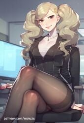 ai_generated ann_takamaki big_ass big_breasts big_butt big_thighs blonde_hair blush brown_eyes huge_ass huge_breasts huge_butt huge_thighs office office_clothing office_lady pantyhose persona vest wanuze wide_hips