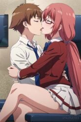 advanced_nurturing_high_school_uniform ai_generated ayanokouji_kiyotaka brown_hair classroom_of_the_elite closed_eyes pink_hair sakura_airi schoolgirl spairk1313 tongue_kissing watermark white_skirt