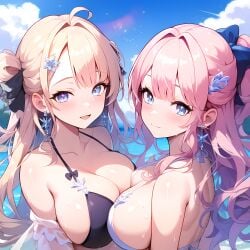 2girls ahoge ai_generated beach big_breasts bikini bikini_top black_bikini blonde_hair blue_eyes blush blushing_at_viewer body_blush breast_press breast_squeeze breast_squish breasts bursting_breasts cleavage cleavage_overflow duo earrings eyebrows eyebrows_visible_through_hair eyelashes female female_focus female_only hair_ornament hair_ribbon hi_res large_breasts long_hair looking_at_viewer multiple_girls original original_character original_characters outdoors pink_hair ribbon seaside shiny_skin side_view sideboob skindentation smiling sweat upper_body water white_bikini