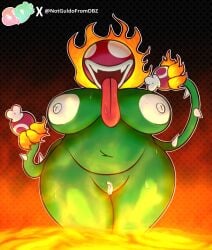 areola big_breasts black_background bodily_fluids breasts donnitro72 elemental_creature elemental_humanoid fangs female fire flaming_hair flora_fauna front_view genitals green_body hi_res huge_breasts humanoid lava_piranha lips long_tongue mario_(series) navel nintendo nipples nude open_mouth open_smile orange_background paper_mario piranha_plant plant plant_humanoid pseudo_hair pussy red_body simple_background slightly_chubby smile solo spikes spikes_(anatomy) spots sweat sweatdrop teeth thick_thighs tongue tongue_between_breasts tongue_out white_areola white_lips white_nipples white_spots wide_hips