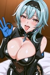 ai_generated blush breasts eula_(genshin_impact) fellatio_gesture genshin_impact happy heavy_breathing huge_breasts indoors inviting inviting_to_oral latex latex_suit open_mouth shiny_skin slutty_outfit steam sweat tight_clothing tongue tongue_out