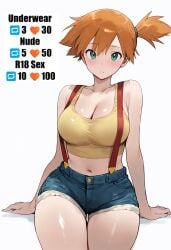 ai_generated aqua_eyes arm_support asymmetrical_hair bangs bare_shoulders belly_button blue_shorts blush breasts clavicle cleavage clothing crop_top denim denim_shorts english_language english_text female female_only gen_1_pokemon green_eyes gym_leader hair_tie high_resolution kasumi_(pokemon) large_breasts legs looking_at_viewer midriff misty_(pokemon) navel orange_hair parted_lips pokemon pokemon_character pokemon_species ponytail shirt short_hair short_shorts shorts side_ponytail sleeveless solo suspender_shorts suspenders tank_top text thick_thighs thigh_gap thighs tied_hair yellow_shirt yellow_tank_top