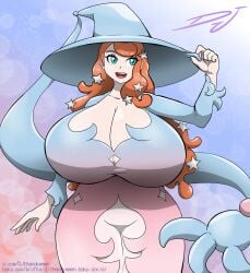 1girls blush breasts djthepokemen female green_eyes hatterene hatterene_(cosplay) nintendo orange_hair pokemon pokemon_ss solo solo_female sonia_(pokemon) thick_thighs thighs