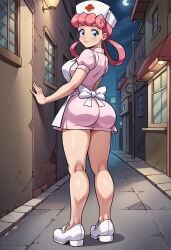 ai_generated ass ass bubble_butt dress dress_inside_ass female nurse nurse_joy nurse_uniform pokemon showing_ass solo standing